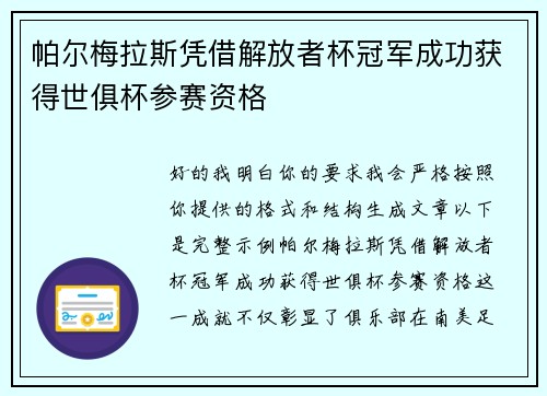 帕尔梅拉斯凭借解放者杯冠军成功获得世俱杯参赛资格